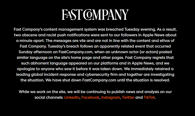 Fast Company Content Management System Hacked, Offensive Apple News Alert Sent